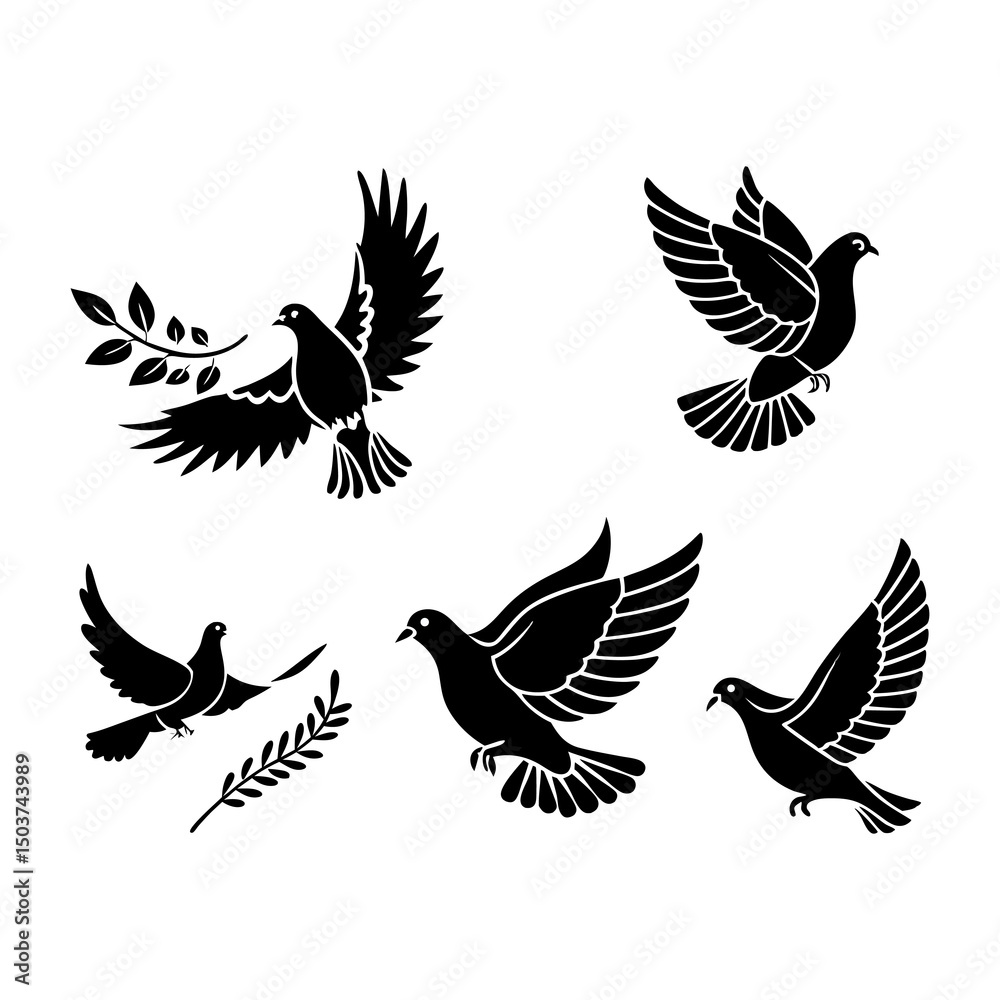 Fototapeta premium Set of Flying Doves Silhouettes