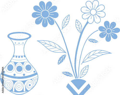 Decorative flower vase illustration with floral pattern and leaf details. Minimal line art style in soft blue tone. Perfect for home , craft design, and greeting cards.