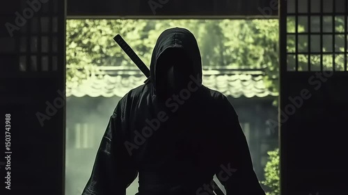 Mysterious ninja figure standing in a traditional Japanese doorway, shrouded in mist and shadow