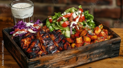 Wooden tray with healthy food grilled chicken, salad, vegetables, and a water glass