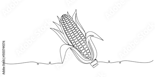 Continuous one line drawing of corn with partially open husk, depicting corn kernels and natural sweetness, line art style vector illustration.