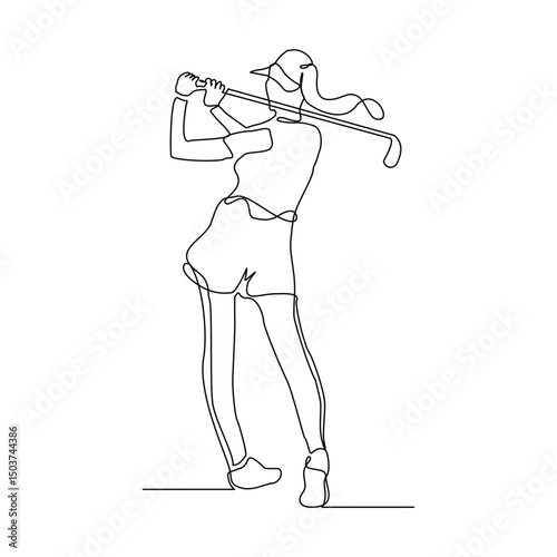 Continuous line drawing of young woman playing golf. Single one line art concept of professional golfer athlete holding stick to hit ball. Vector illustration editable stroke sketch