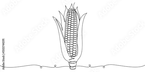 Continuous one line drawing of corn with partially open husk, depicting corn kernels and natural sweetness, line art style vector illustration.