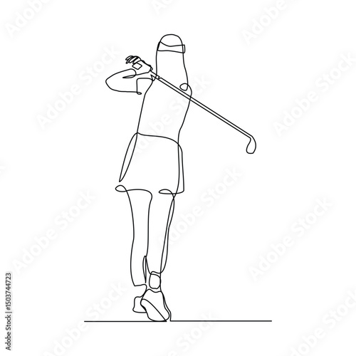 Continuous line drawing of young woman playing golf. Single one line art concept of professional golfer athlete holding stick to hit ball. Vector illustration editable stroke sketch