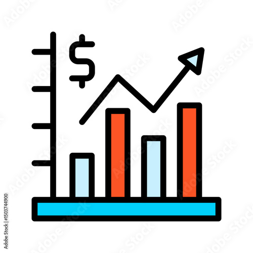 Business icon bar chart with dollar sign and arrow pointing upward labeled growth. Suitable for finance and business presentations, reports, and websites.