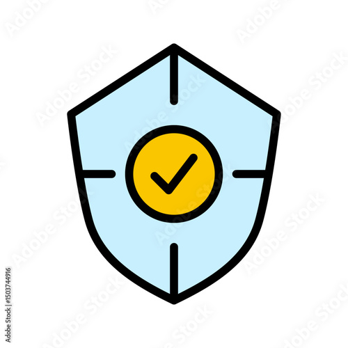 Business icon with blue shield and checkmark means protection symbolizes security and verification. Suitable for business presentations, infographics, websites and apps.
