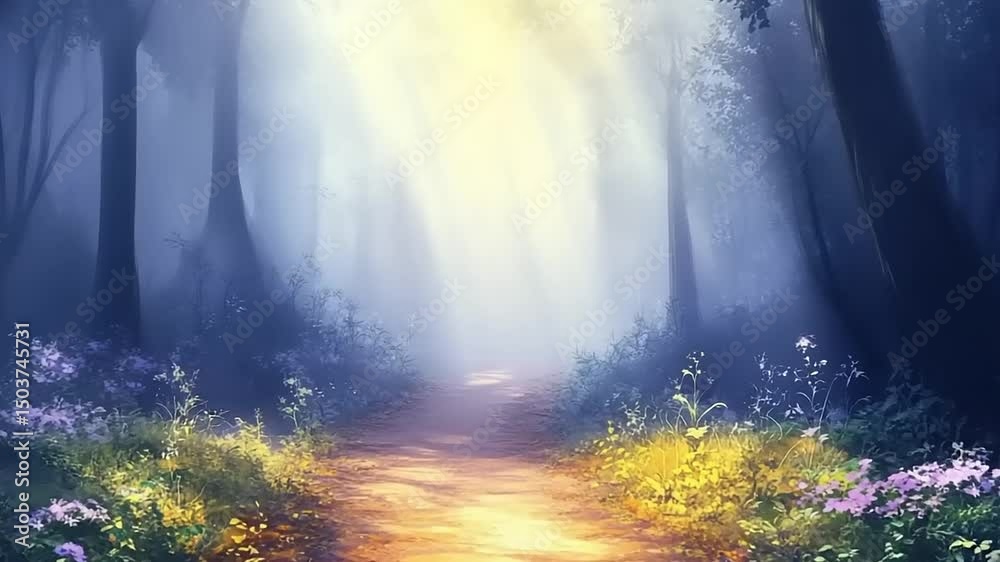 custom made wallpaper toronto digitalSerene forest path illuminated by soft sunlight, surrounded by blooming flowers and misty trees