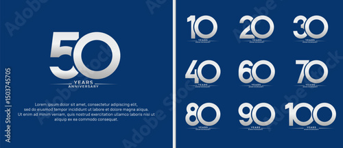 set of anniversary logo flat silver color on blue background for celebration moment