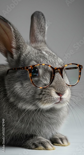 Adorable Gray Rabbit Wearing Glasses: Photo