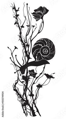 hand drawn silhouette of snail , black silhouettes isolated on white background