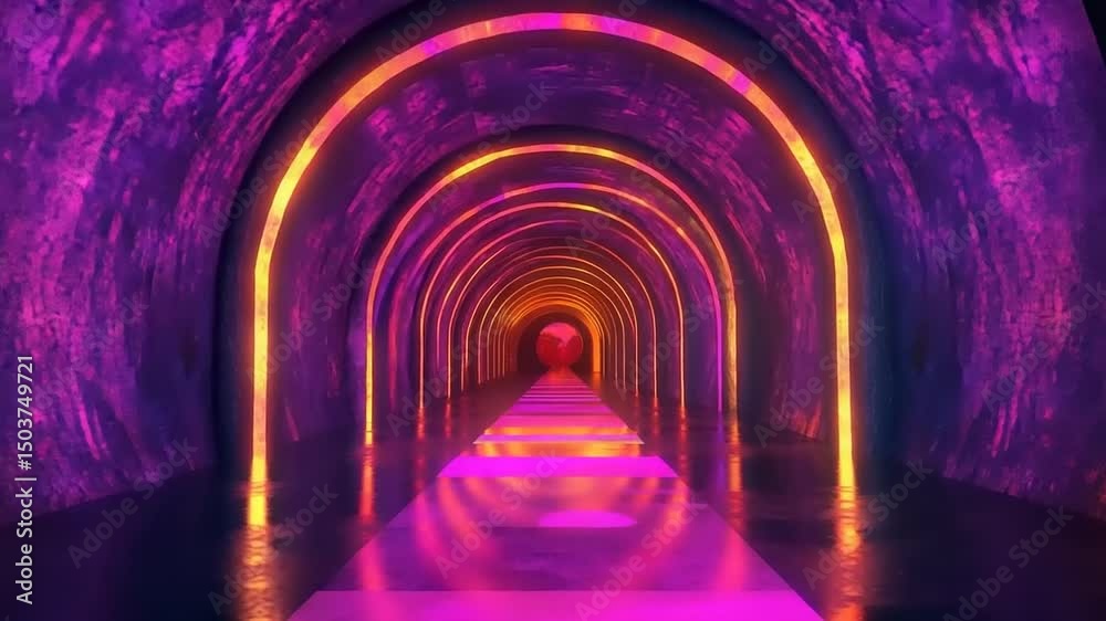 Vibrant illuminated tunnel with colorful reflections and glowing arches, creating a surreal atmosphere