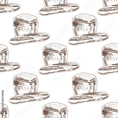 Hand drawn vintage seamless pattern of classic sandwich loaf and baguette in engraving sketch style in brown ink