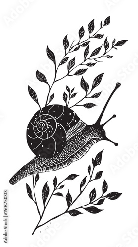 hand drawn silhouette of snail , black silhouettes isolated on white background