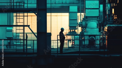 Silhouette of worker in industrial setting surrounded by machinery and ambient light