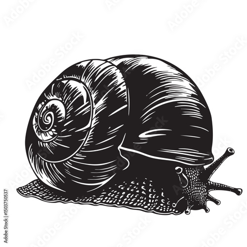 hand drawn silhouette of snail , black silhouettes isolated on white background