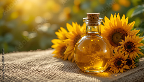 A close-up view of a glass bottle of sunflower oil resting on a burlap surface, surrounded by vibrant yellow sunflowers.