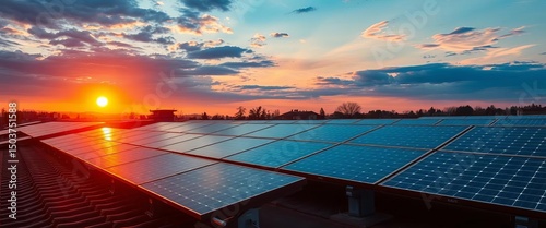 Golden sunset reflecting on rooftop solar panels, clean energy , rooftop, clean energy