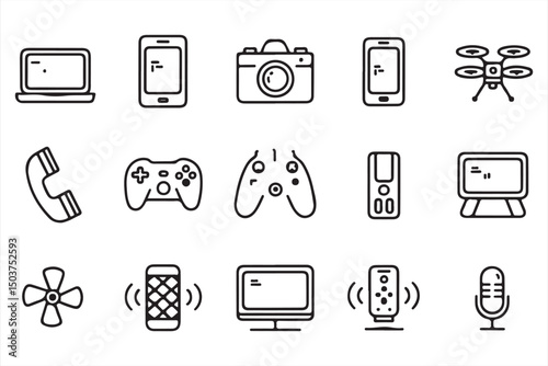 Vector Line Icons for Gadgets and Electronics: Camera, Phone, TV