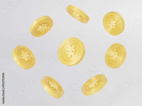 Golden Yen Coins Floating A 3D Render of Japanese Currency