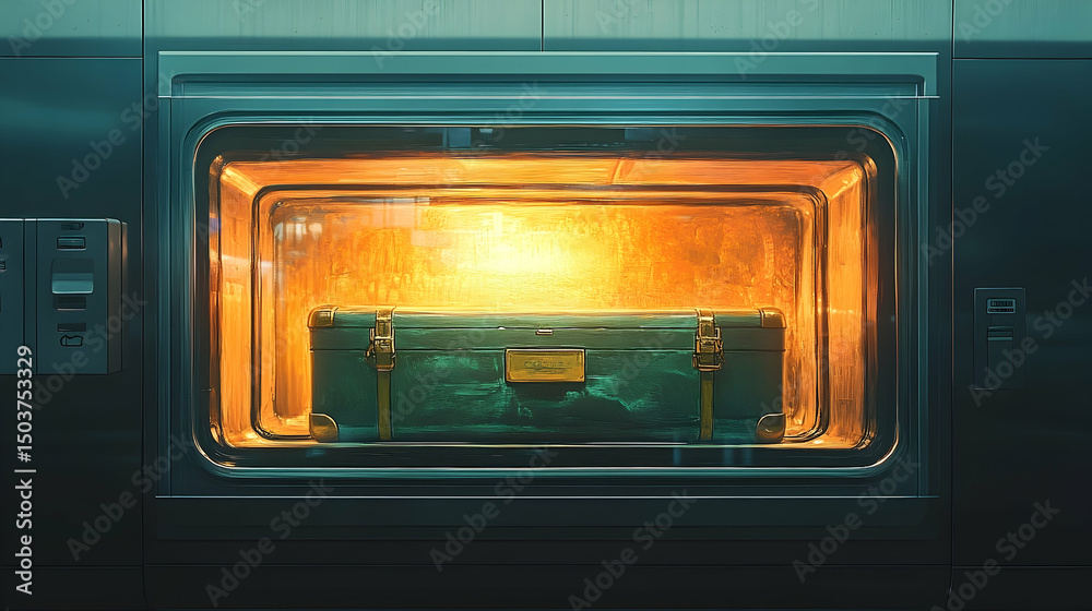 Obraz premium Teal suitcase inside a glowing compartment.