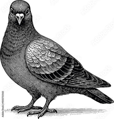 Pigeon full body side view and facing towards the front vector black silhouette cricut print design isolated on a plain white background