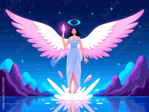 A serene female guardian with elegant robes, glowing psychic wings, and a radiant staff