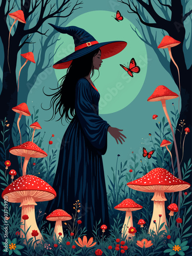  a witch in a magic garden with poisonous mushrooms, carnivorous flowers and night butterflies