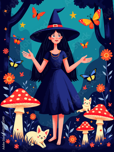 a witch in a magic garden with poisonous mushrooms, carnivorous flowers and night butterflies