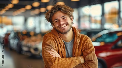 A smiling young man stands confidently in a car dealership, ready for his new purchase.