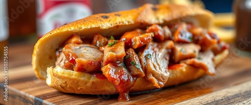 Juicy marinated pork in a toasted roll, classic Portuguese Bifana street food, food, flaky