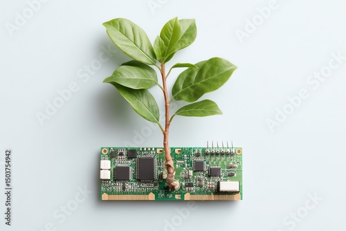 Futuristic circuit board with a growing plant symbolizing eco-friendly technology, sustainability, and the fusion of nature with digital innovation.