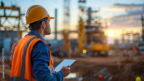A construction worker surveys the construction site at sunset, holding a tablet for guidance.