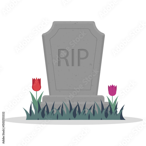 Vector illustration of a gravestone with RIP inscription surrounded by grass and tulips. Simple and symbolic image suitable for memorial or mourning themes, obituary, cemetery, or death-related