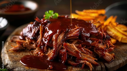 A close-up of succulent pulled pork covered in barbecue sauce with crispy fries.
