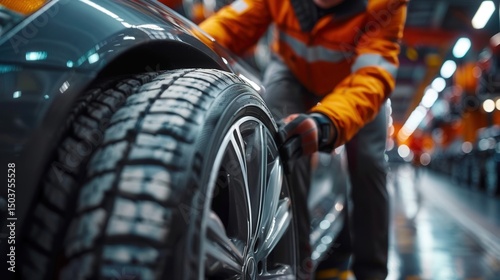 An automotive technician meticulously checks the wheel of a new car during the quality control process.