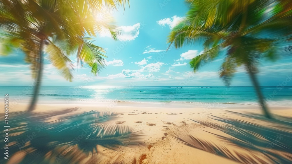 Obraz premium Beautiful sandy beach with palm trees casting shadows, clear blue water, and a sunny day.