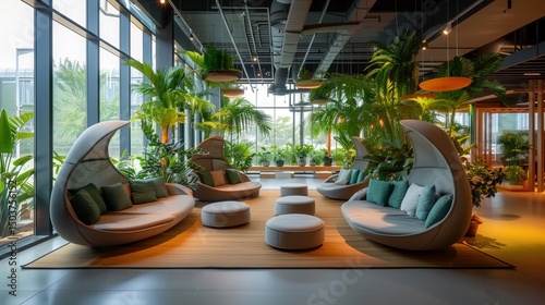 A comfortable, modern lounge area with green plants offering a serene and relaxing environment.