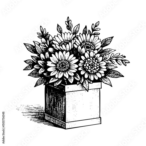 Daisy flower on wooden box sketch engravingblack and white outline. Scratch board imitation.  illustrated in vintage line art style on a white background.
