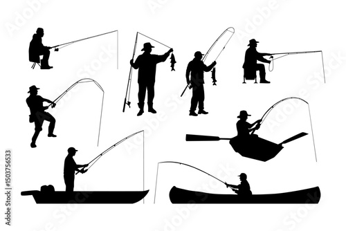 set of various fishing black silhouettes