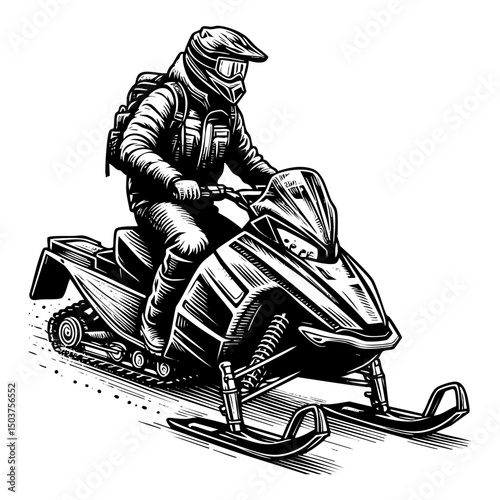man riding snowmobile sketch engraving black and white outline. Scratch board imitation.