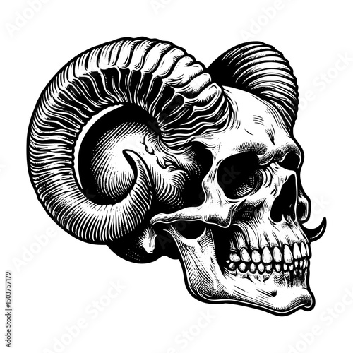 Human skull with horn sketch engraving black and white outline. Scratch board imitation.  illustrated in vintage line art style on a white background.