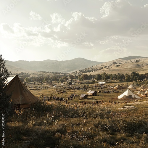 Gathering at a historical encampment a day of community amidst rustic tents and rolling hills on an