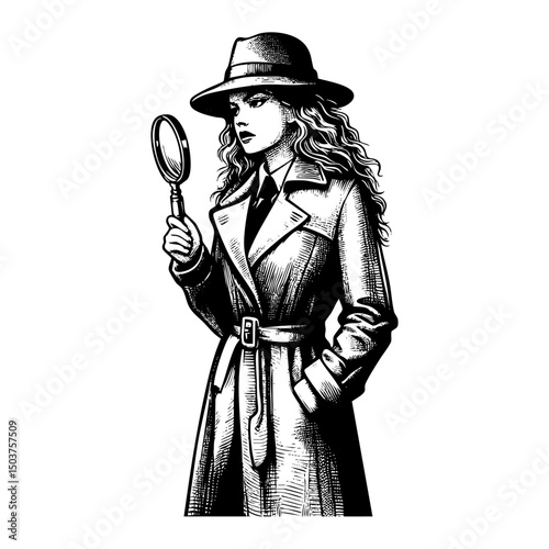Woman detective hold magnifying glass sketch engraving black and white outline. Scratch board imitation.  illustrated in vintage line art style on a white background.