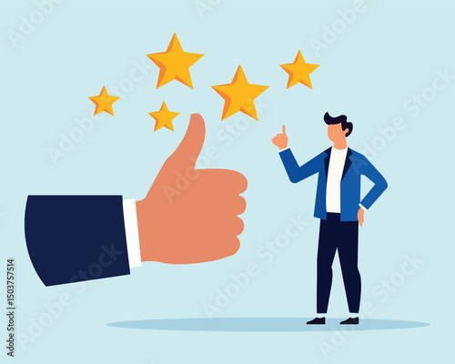 Flat Illustration of Business Owner Giving Thumbs Up with Five Stars  High Quality Service and Customer Satisfaction Concept