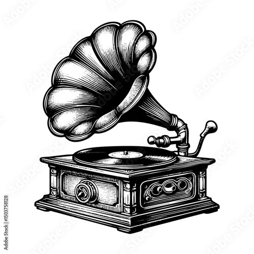Gramophone sketch engraving black and white outline. Scratch board imitation.  illustrated in vintage line art style on a white background.