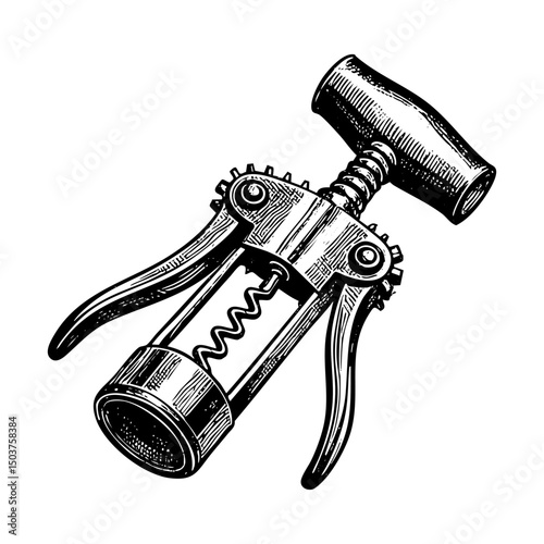 Corkskrew sketch engraving black and white outline. Scratch board imitation.  illustrated in vintage line art style on a white background.