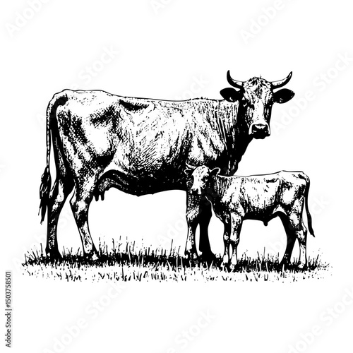 Cow and calf sketch engraving black and white outline. Scratch board imitation.  illustrated in vintage line art style on a white background.