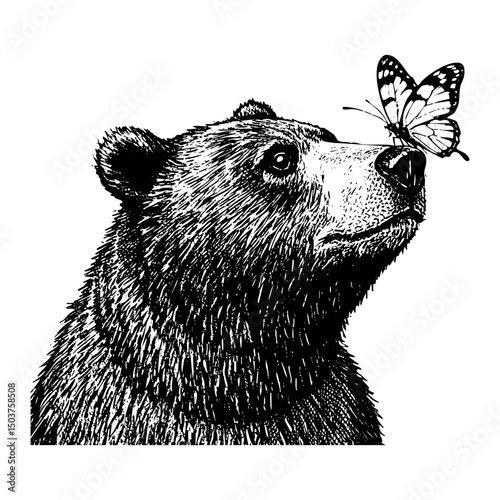  Cute bear with butterfly sketch portrait engraving black and white outline. Scratch board imitation.