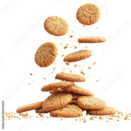 Delicious oatmeal cookies falling stack isolated on transparent background