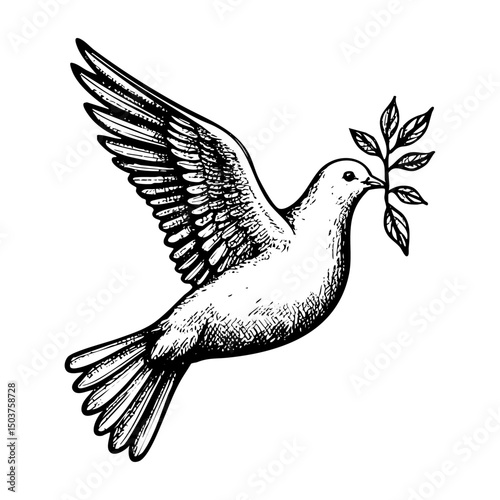 dove flying while spread wings engraving black and white outline. Scratch board imitation.